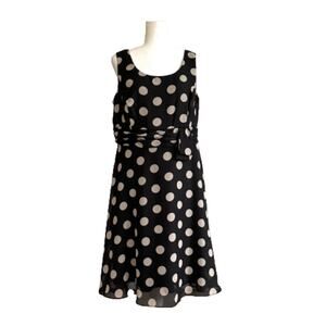 Dress Barn Dress Black Tan Polka Dot Sleeveless Ruched Waist Knee Length Size 14